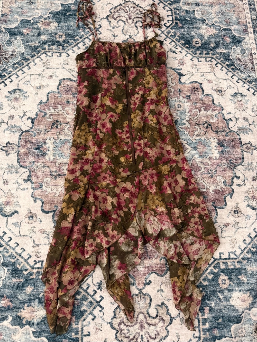 Delia’s Floral Tie-Shoulder Asymmetric Midi Dress - Olive & Pink - Picture 2 of 5